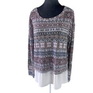 Kiara Sahara Layered Look Fair Isle Geometric Knit Mixed Media Layered Hem Top L